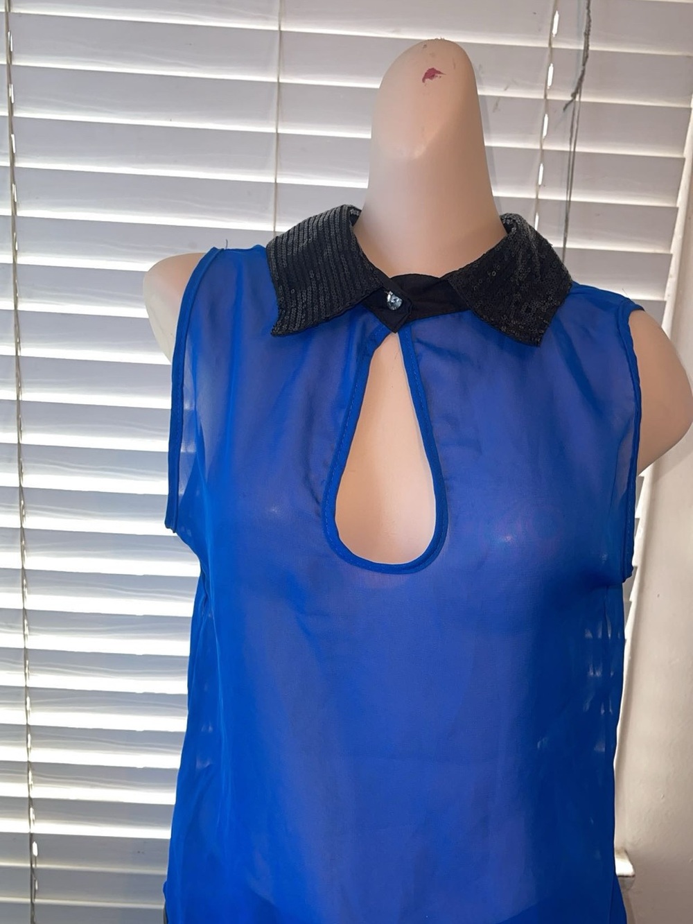 SHEIN Royal Blue Sleeveless Sheer Blouse with Black Sequin Collar